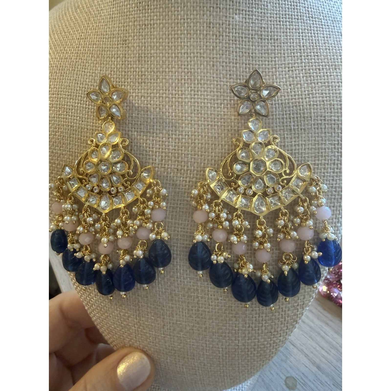 Royal Blue Premium Tiyani Chandelier Statement Earrings Pierced Gold Tone Dangle